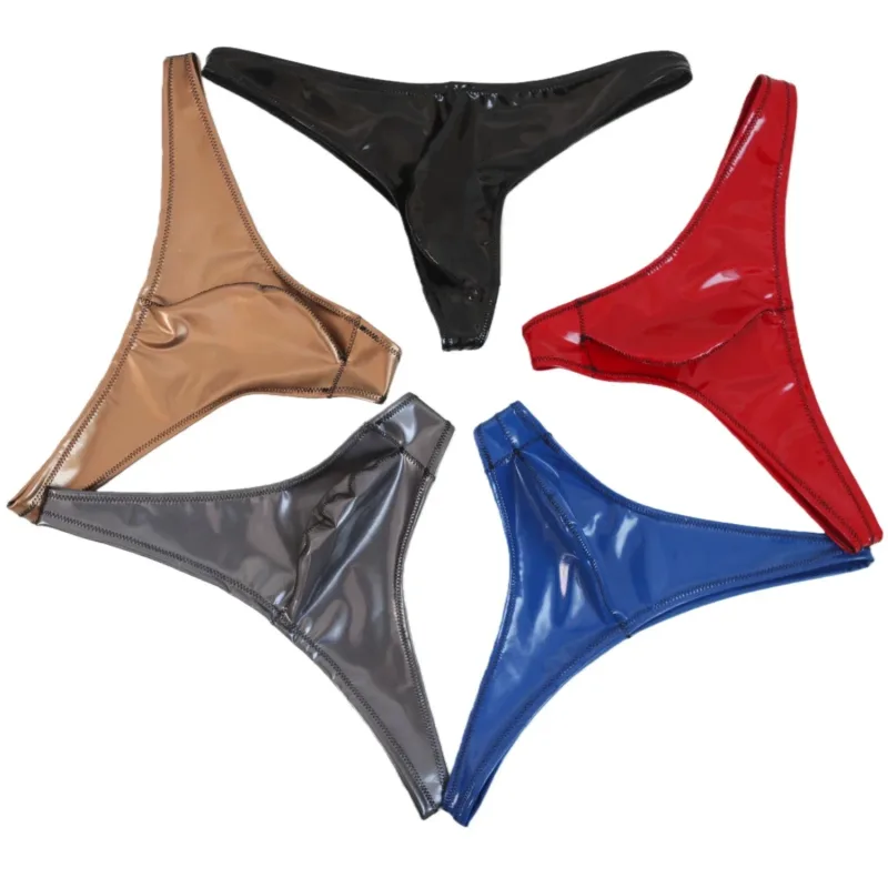 Mga Sexy Men Plus Size Latex PVC Makintab na Mainit na Maiksing Matambok U Pouch G-string Fashion Underwear Tights Lingeries PU Stage Briefs — image 4