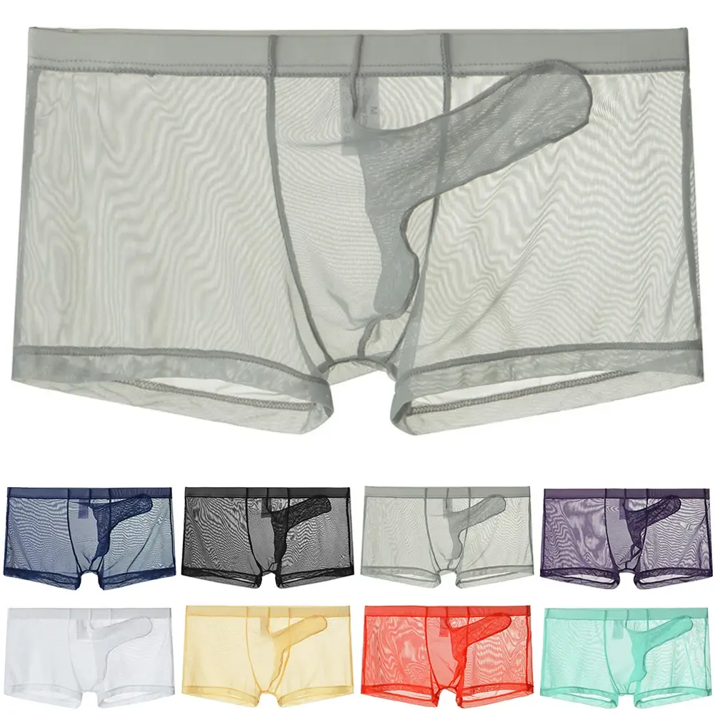 Sexy men malha transparente leve roupa interior ver através respirável boxer briefs calcinha separação bala masculino boxer calcinha