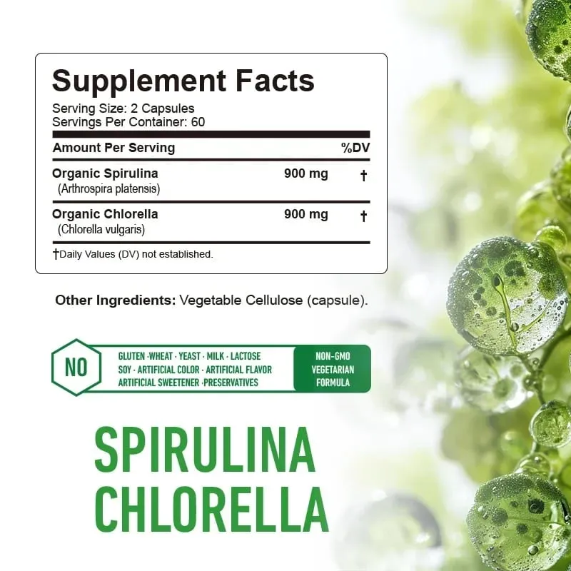 Spirulina Chlorella kapszula - Támogatja a szív- és érrendszeri és az immunrendszer egészségét Erőteljes antioxidáns