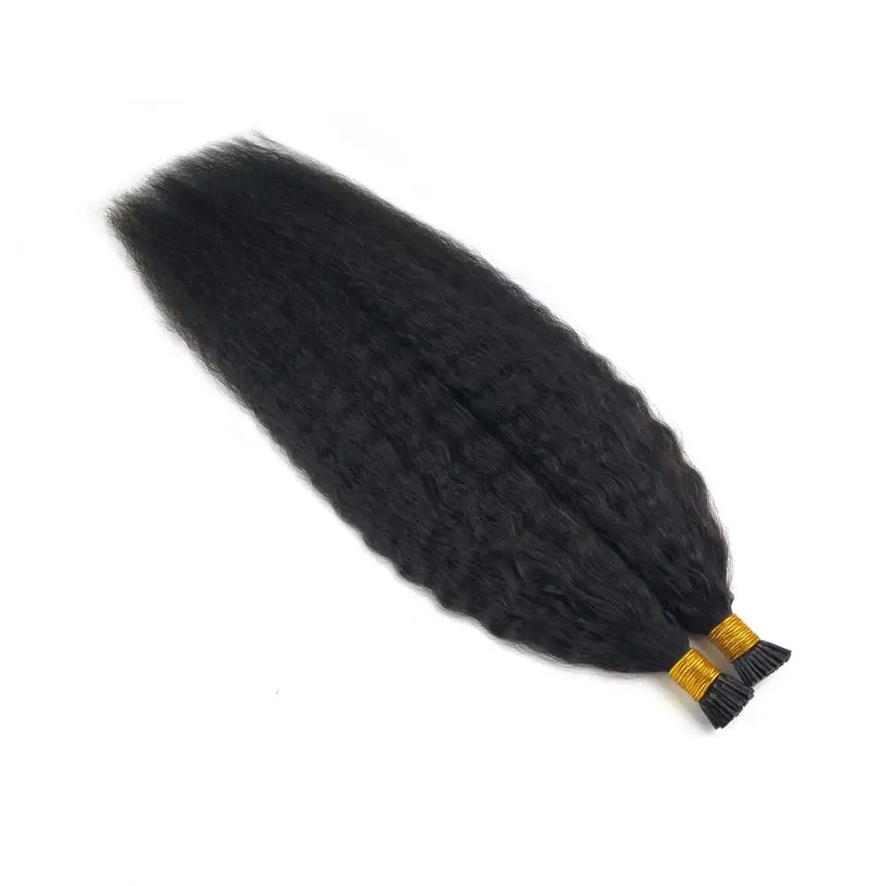 I Tip Extensions Μαλλιών Kinky Straight Human Hair #1B Pre Bonded Remy Micro Links Human Hair Extensions Natural Black 1g/Strand — image 5