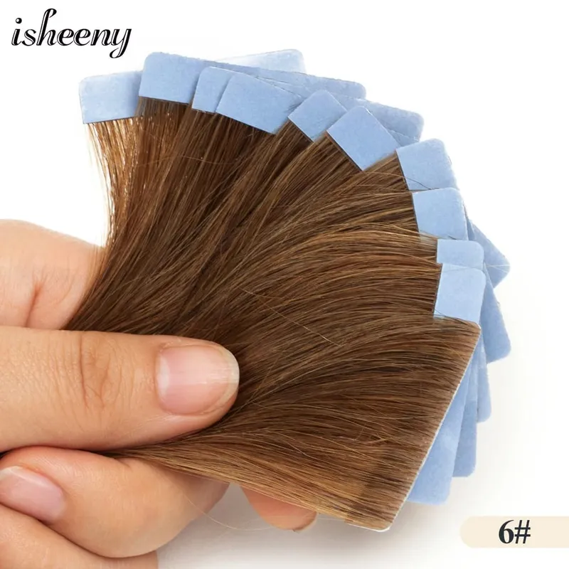 Isheeny Invisible Tape In Hair Extensions 12" 16" 20" Skin Weft Tape Ins 10pcs Natural Straight Machine Made Remy Human Hair — image 11