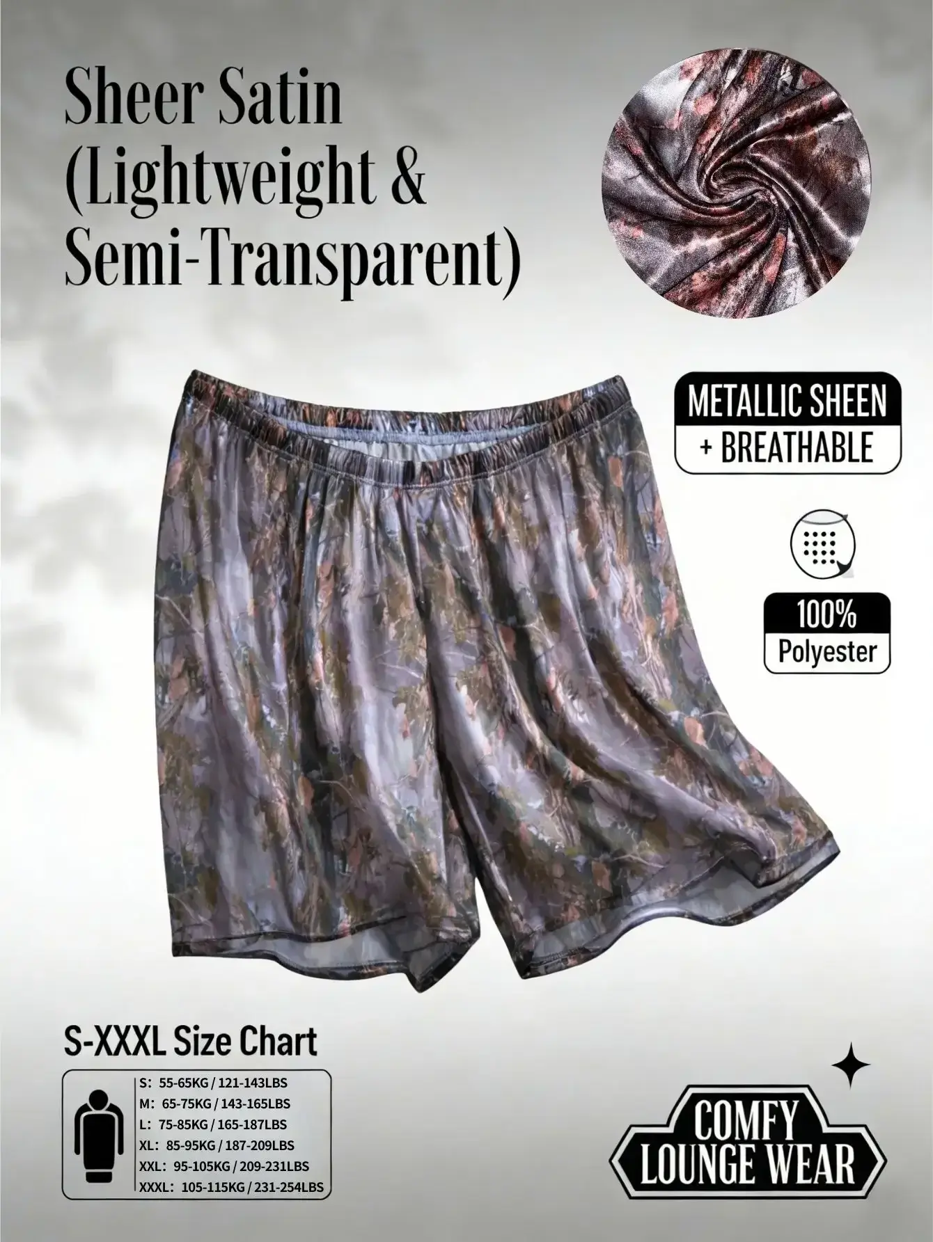 1 pirasong Panlalaking Magaan na Makahinga na Metallic Sheen Casual Home Loungewear - Camouflage Print Satin Sleep Shorts — image 6