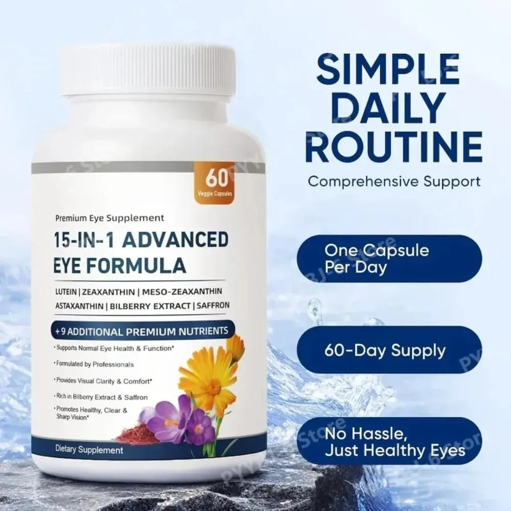 15-in-1 Advanced Eye Formula with Lutein Zeaxanthin Astaxanthin Bilberry & Saffron Visual Comfort Support 60 Capsules