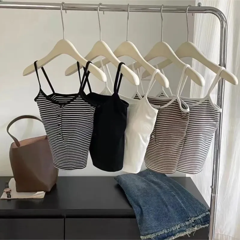 Integrated Stripe Women's Vest Inner Wear Outer Wear Button Fixed Cup No Bra Sports Top Short Style Cotton 100% Short Vest — image 2