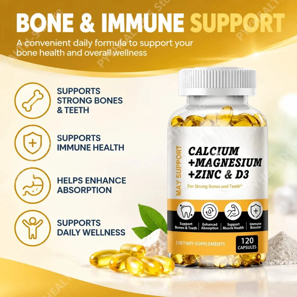 Kalcium-magnézium-cink lágyzselé csont- és fogtámogatás D3-vitamin-kiegészítő, támogatja az izmok egészségét és az immunrendszer működését 120 kapszula