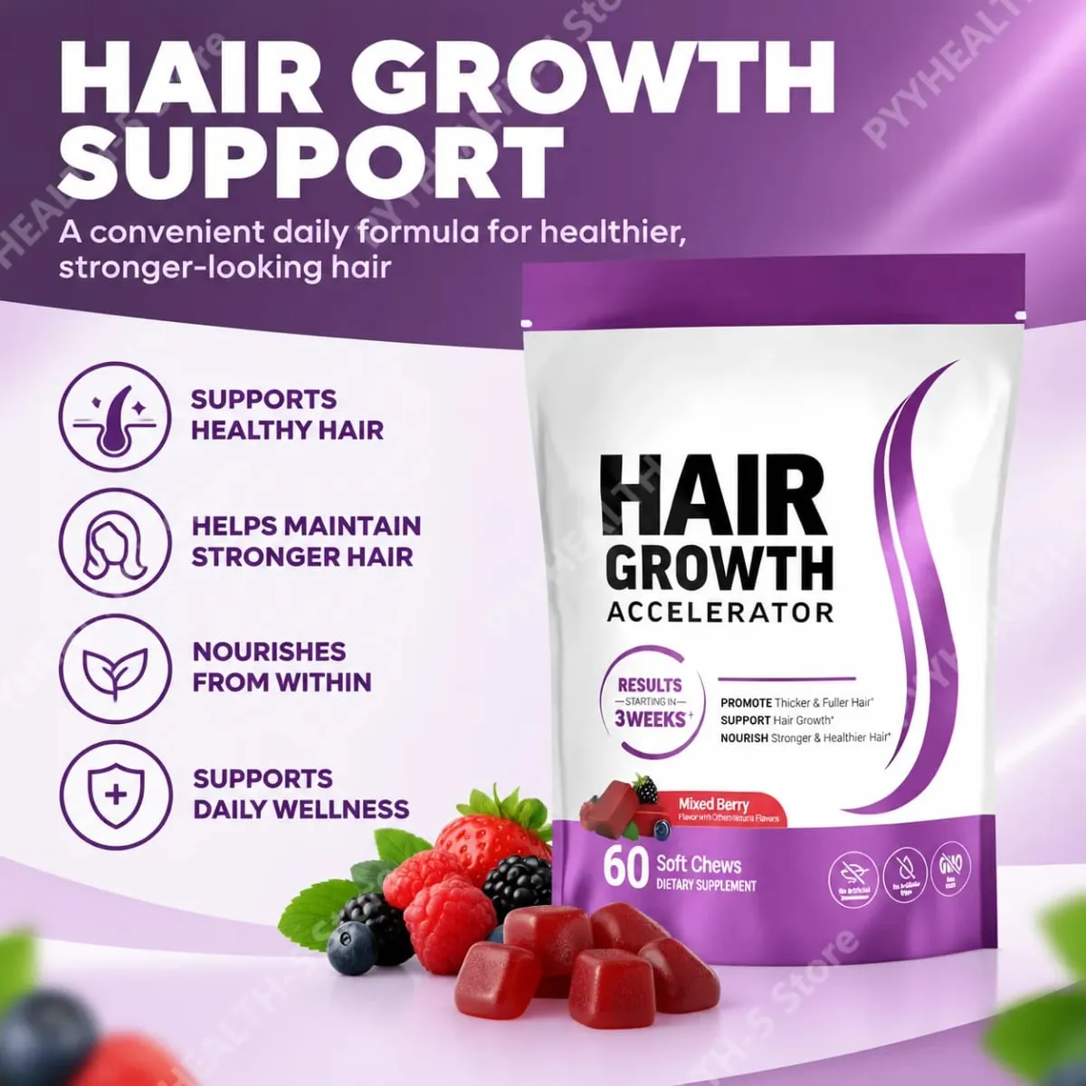 צמיחת שיער ביוטין תוסף לעיסה רכה תמיכה לשיער עבה יותר מלא ויטמין C ו-E להזנת שיער בריא 60 גומי — image 5