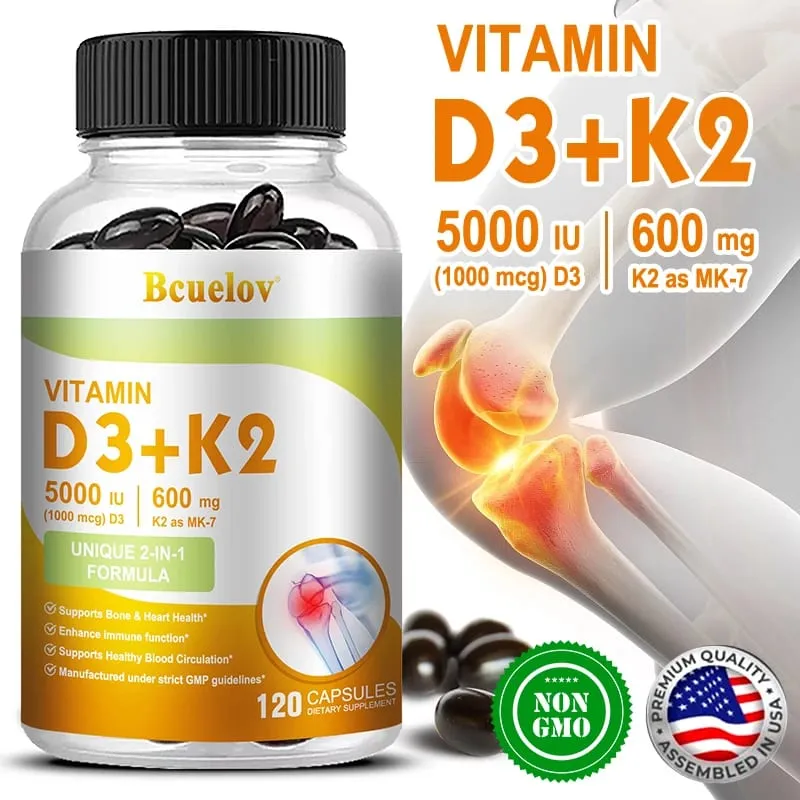 Bcuelov Vitamin D3+K2 5000 IU Vitamin D3 non-GMO formula easy-to-swallow vitamin D and K complex dietary supplement — image 2
