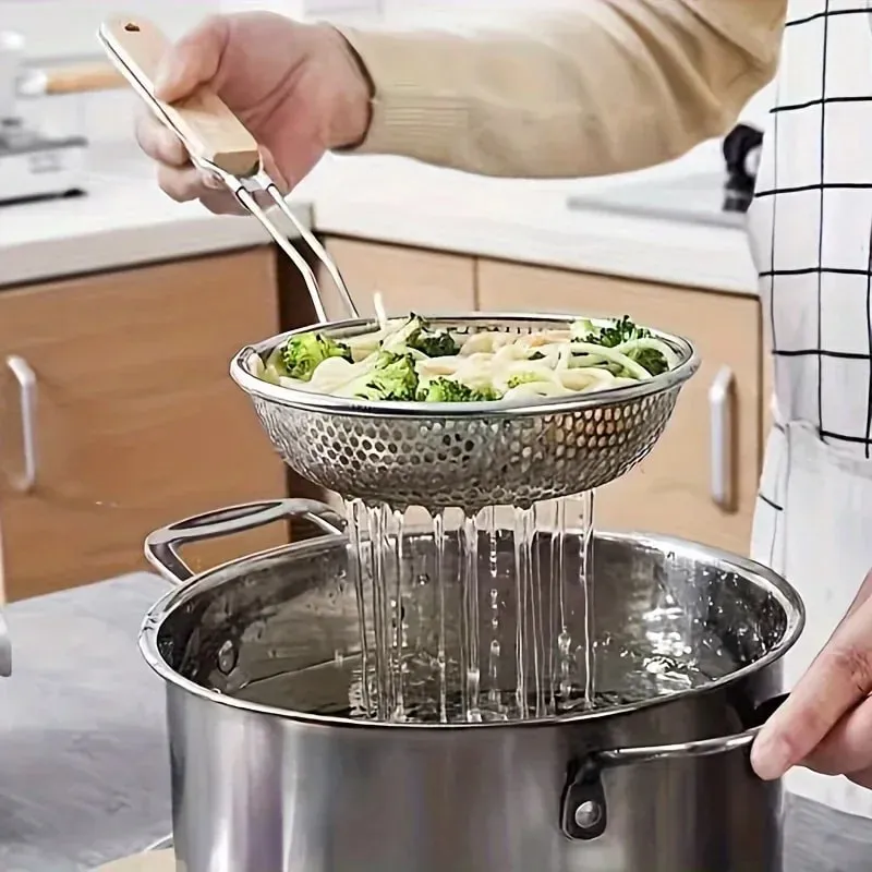 Stainless Steel Colander with Wooden Handle - Fine Mesh Skimmer Spoon for Cooking Food Prep Grease Filtering for Pasta Noodles — image 2