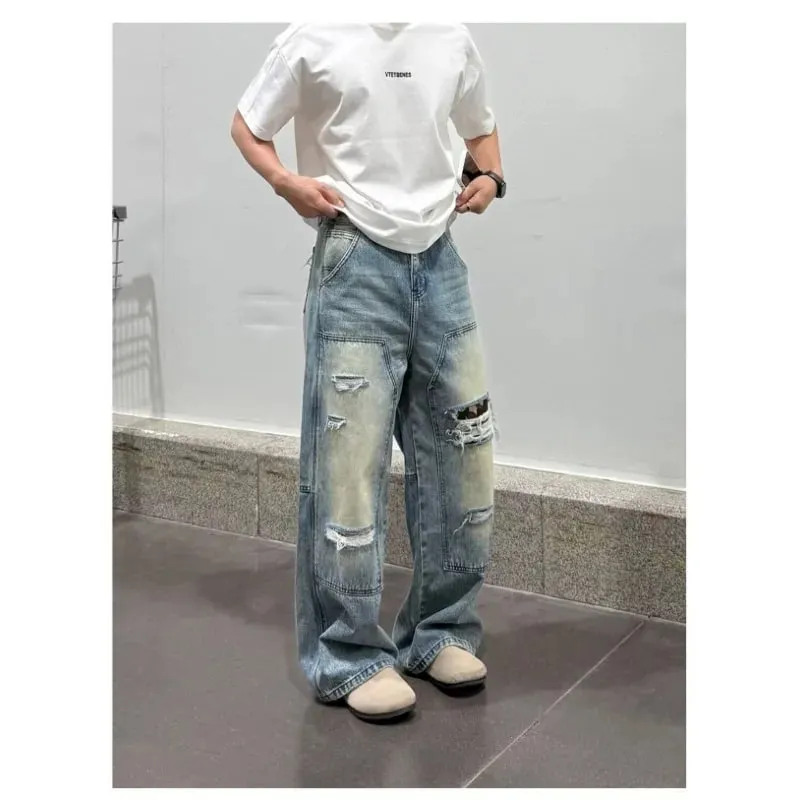 Men's Jeans Man Pants Heavy Duty Washed Multi Pocket Carpenter Style Straight Loose Denim Trousers Casual Fit High Street