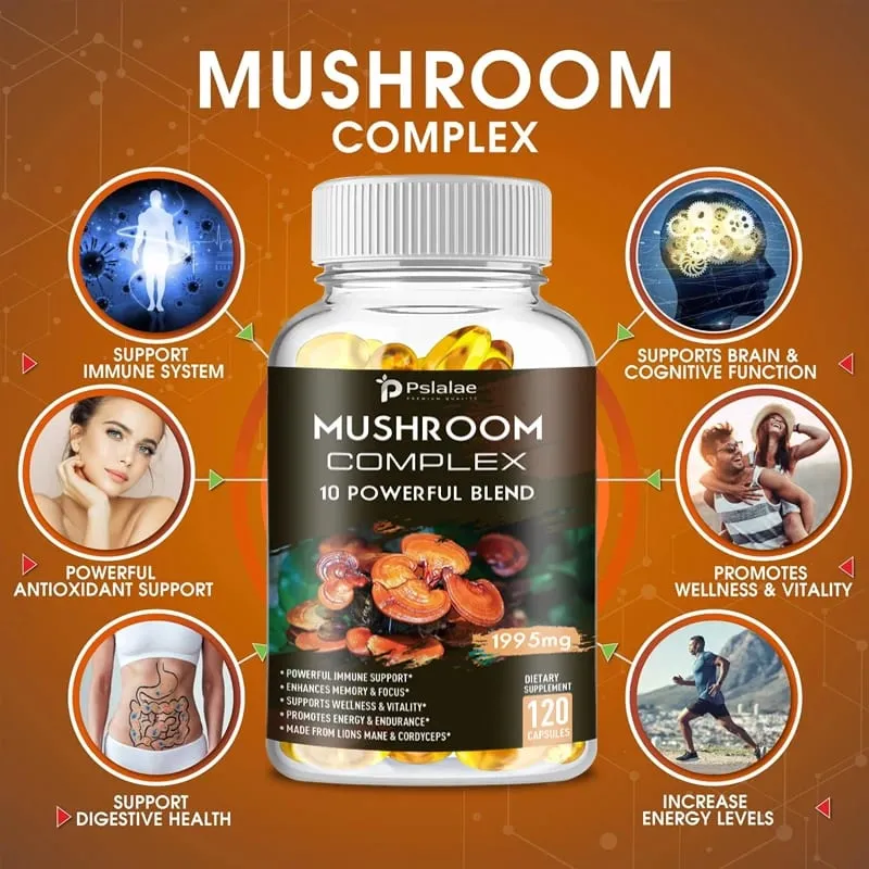 Κάψουλες με σύμπλεγμα μανιταριών - με Lions Mane Chaga Reishi Cordyceps - Υποστηρίζουν την εστίαση της μνήμης του ανοσοποιητικού συστήματος και ανακουφίζουν από το στρες