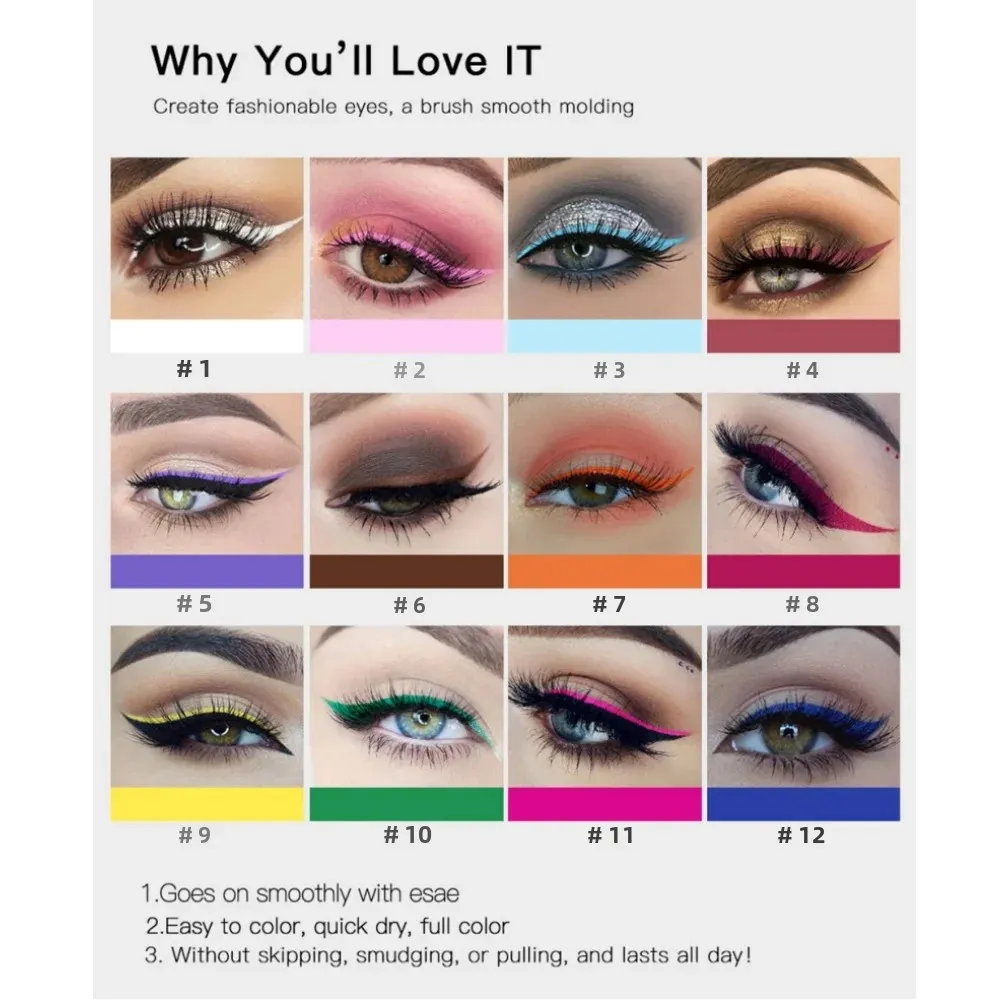 12 Colors Waterproof Eyeliner Pen Set Matte Long Lasting 24 Hours Fluorescent Eye Liner Pencils for Face Makeup Decoration