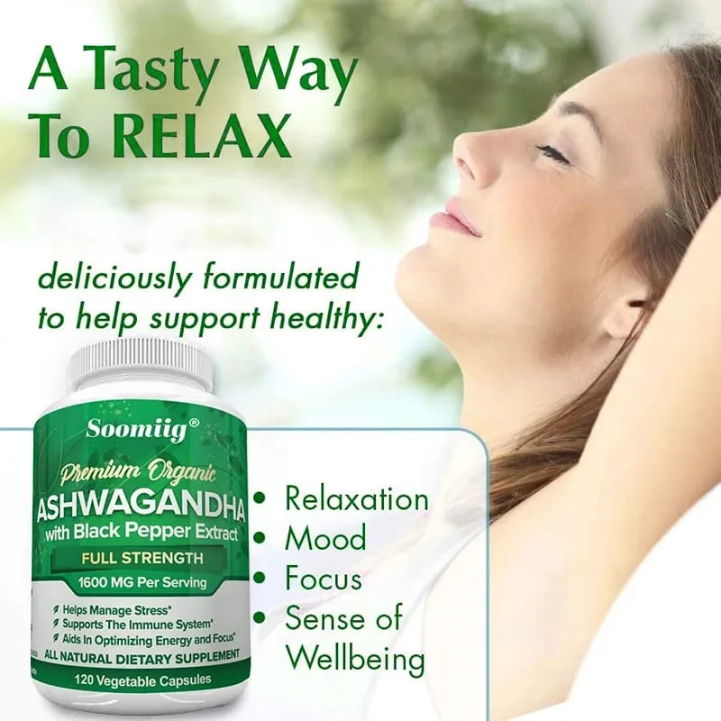 Ashwagandha Root Extract Capsules 1600mg with Black Pepper Stress Relief Brain Clarity Focus Energy & Sleep Health Support