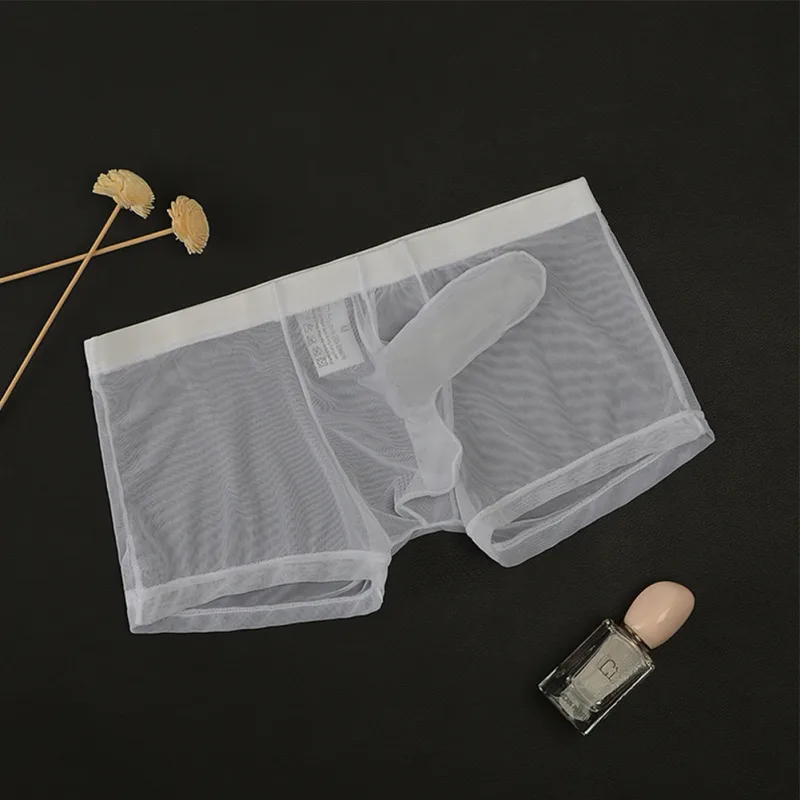 Sexy men malha transparente leve roupa interior ver através respirável boxer briefs calcinha separação bala masculino boxer calcinha