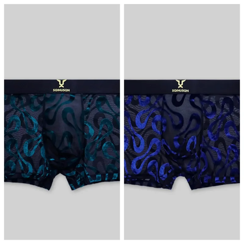 2PCS Men's Sheer Mesh Flocked Boxer Briefs na may Malapad na Elastic Waistband High Stretch Multi Colors Opsyonal plus Size Underwe ng Lalaki