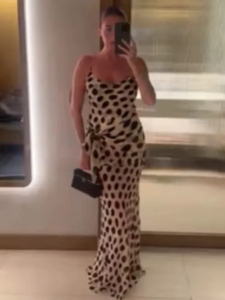 Retro Pöttyös Sling Maxi Ruha Női Szexi U-nyakú ujjatlan, derékba szorított Bodycon ruhák 2026 Nyári buli vakációs köntösök — image 5