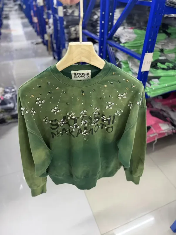 Letters Logo Rhinestone Rivet Satoshi Nakamoto Sweatshirts Men Women Streetwear Vintage Washed Charcoal Gray Green Pullovers Tag