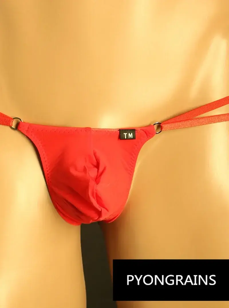 Homens ajustável metal o-ring dupla alça fina bikini briefs cintura baixa sedosa gelo seda 3d u bolsa convexa sexy roupa interior masculina