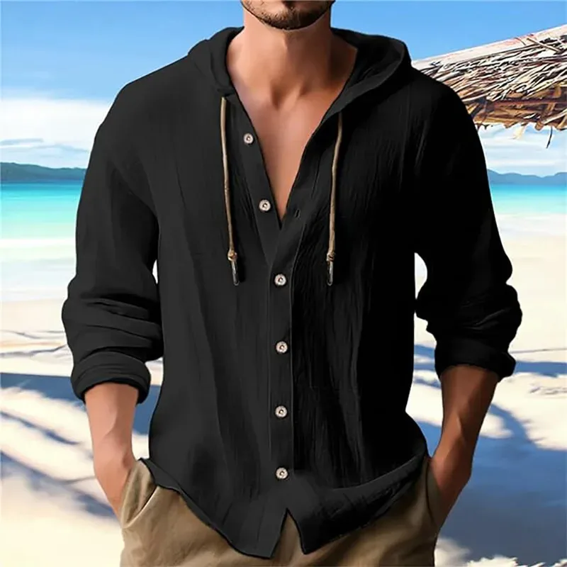 Enfärgad casual tröja för män, dragsko med luva Kofta i bomull och linne Trendig och mångsidig lös strand-t-shirt — image 1
