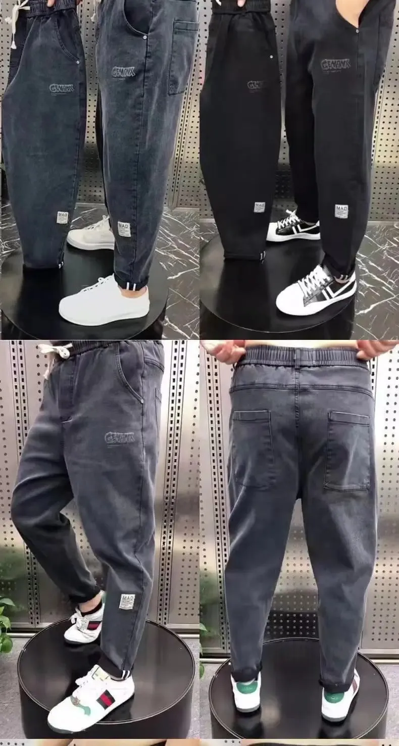 Harajuku Stretch Korea Streetwear Loose Solid Denim Jeans Elastic Waist for Men Spring Summer New plus size 7XL 8XL Casual Pants — image 8