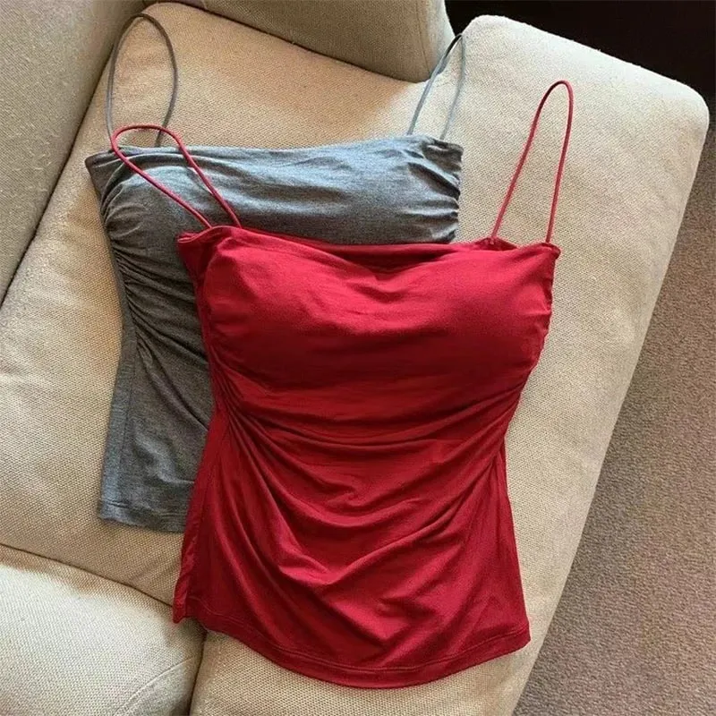 Új-szexi tömör redőzött Tank Camisole női nyári spagettipántos ujjatlan felsők — image 4