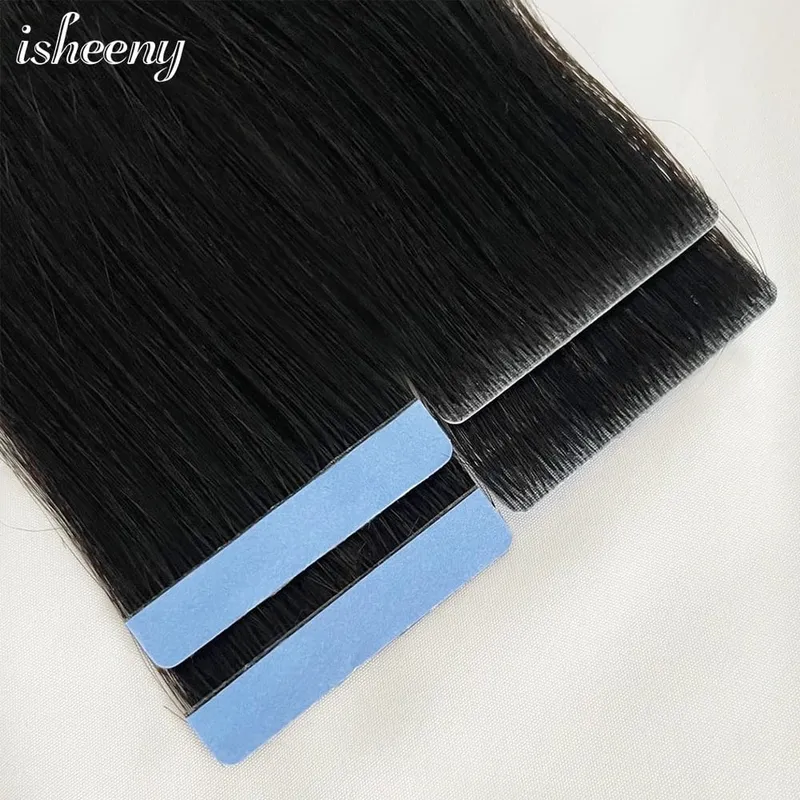 Isheeny Invisible Tape In Hair Extensions 12" 16" 20" Skin Weft Tape Ins 10pcs Natural Straight Machine Made Remy Human Hair — image 2