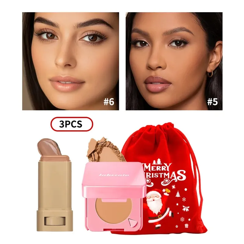 3Pcs Foundation Stick Face Pressed Powder Compact with Christmas Drawstring Bag Long Lasting Matte Face Cosmetic Christmas Gift — image 14