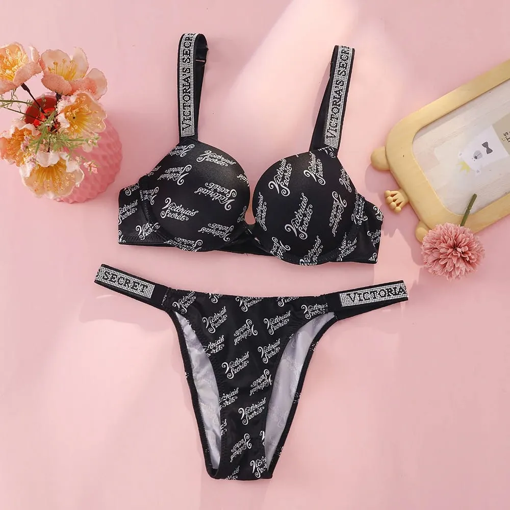 VS Very Sexy Logo Shine Strap Tropical Floral Push Up Bra Shine Script Thong Panty Victoria Secret Sexy Lingerie Set — image 10
