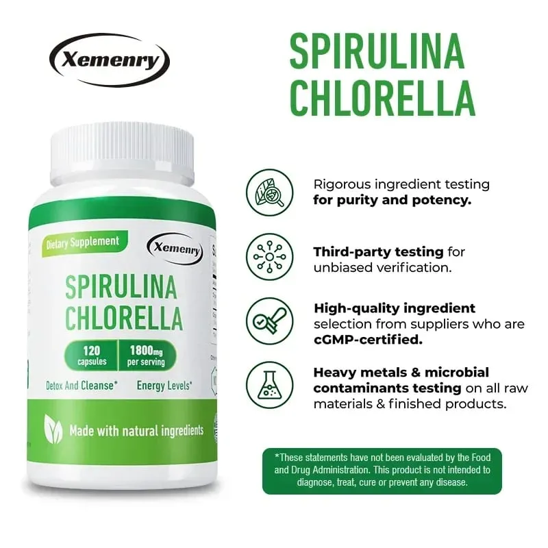 Spirulina Chlorella kapszula - Támogatja a szív- és érrendszeri és az immunrendszer egészségét Erőteljes antioxidáns