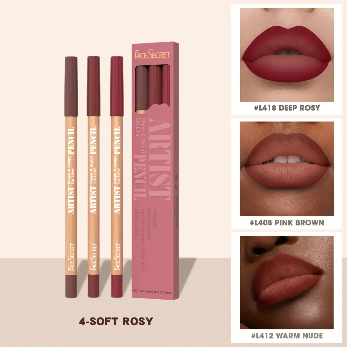 Face Secret 3 τμχ Σετ Nude Lip Liner Φυσικό ματ μακράς διαρκείας αδιάβροχο μακιγιάζ με μολύβι χειλιών με γάντζο γραμμής υψηλής χρωστικής — image 7