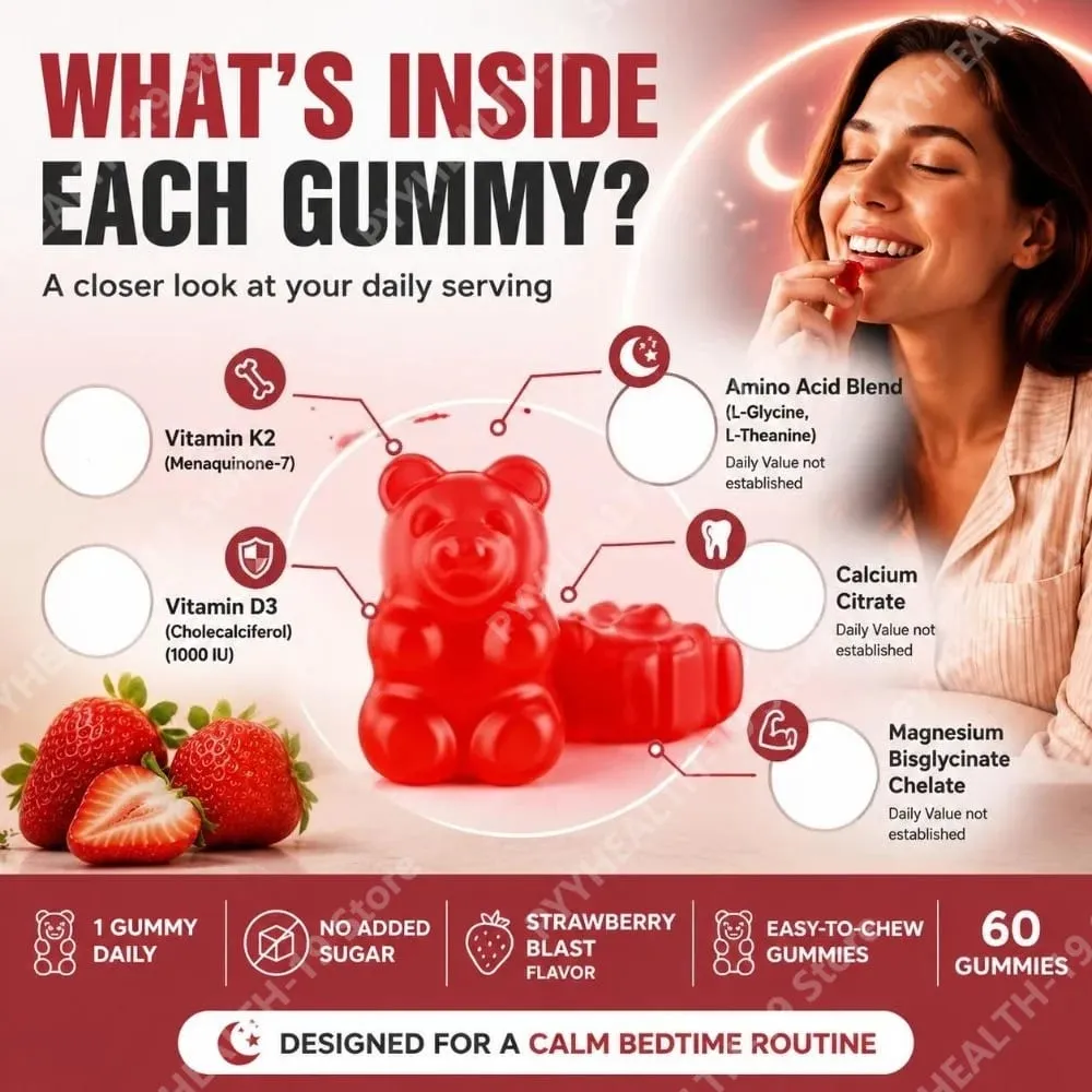 Nutrition Gummies με βιταμίνη K2 D3 ασβέστιο και μαγνήσιο για υγεία και χαλάρωση των οστών Υποστήριξη ευεξίας ύπνου Ενήλικες 60 Gummies — image 7
