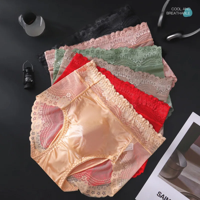 Flor renda malha oco para fora sexy roupa interior masculina de seda gelo respirável sem costura fina triângulo calças macio traceless cuecas masculinas — image 4