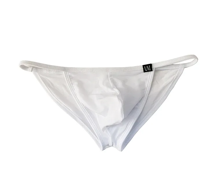 Cuecas sexy masculinas ultrafinas de seda gelo cuecas dupla divisão biquíni com buracos personalizado u-convexo design calcinha — image 5