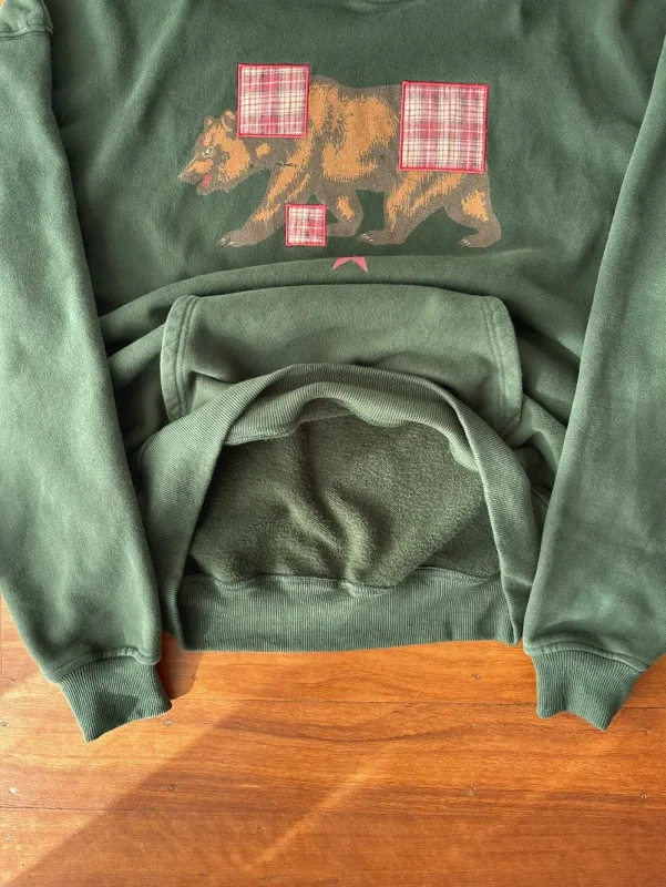 Vintage urso impressão hoodie masculino retro verde xadrez remendo pulôver moletom com capuz casual streetwear manga longa feminino hoodies topo