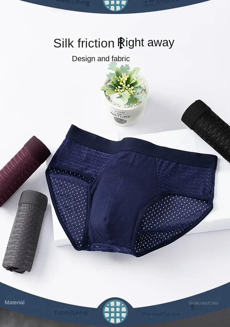Solid Men Summer Ice Silk Underwear Boxershorts Briefs Breathable Underwear Bamboo Carbon Fiber Anti-Bacterial Hollow Panties