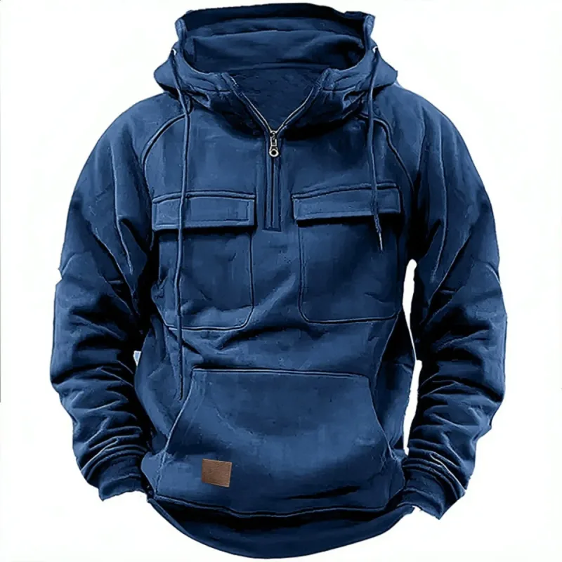 Novo outono-inverno masculino com capuz de cor sólida casual hoodie-moda jovem multi-bolso remendo moletom com capuz pulôver camisa — image 4