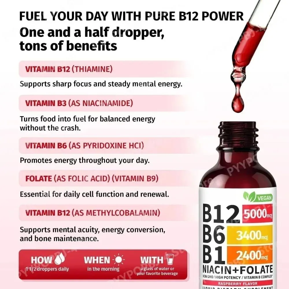 Vitamin B12 B6 Liquid Drops 60ml B Complex with B1 Niacin Folate Raspberry Vegan Daily Wellness Supplement 40 Servings Adults