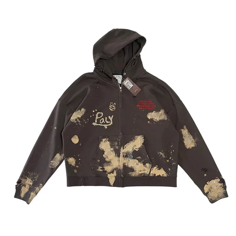 Washed Graffiti PALY Hoodies Men Woman Vintage Damaged Hole Old New Autumn Winter Zipper Hooded Pullovers Sweatshirts — image 12