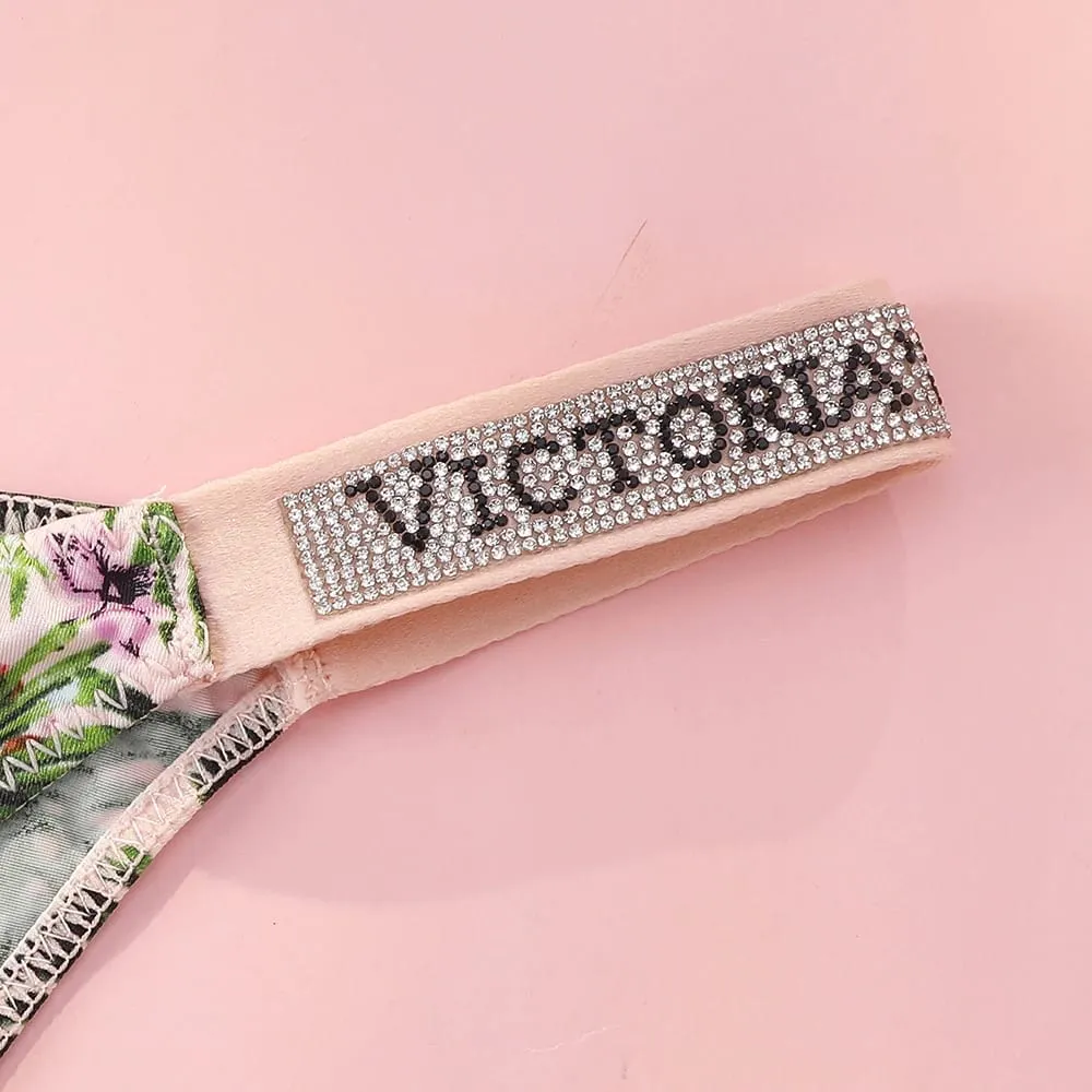 VS Very Sexy Logo Shine Strap Tropical Floral Push Up Bra Shine Script Thong Panty Victoria Secret Sexy Lingerie Set — image 2