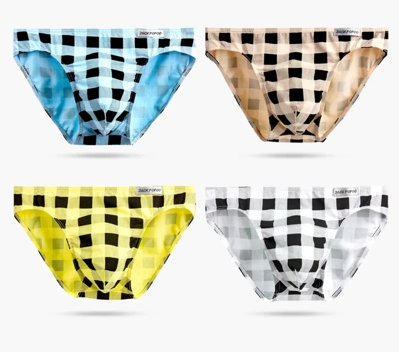 Mode Rutigt Underkläder Bomull Mjuk Elastisk Herrtrosa Andas Bekväma Ungdomkalsonger Herr Sexiga U Bulge Pouch Trosor