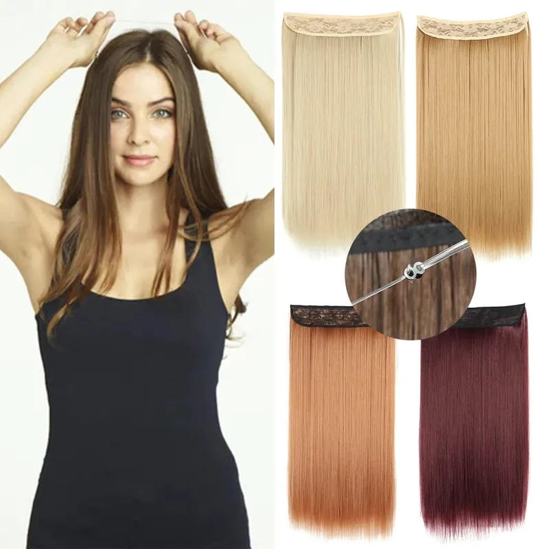 Συνθετικά Long Straight No Clip Invisible Line Hair Extensions 40 55 80cm Φυσικό Καστανό Ξανθό Fake Hairpiece για Γυναικεία — image 2