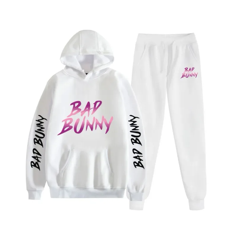 Harajuku confortável bad bunny impressão moletom moletom terno feminino hoodies + calças terno meninos/meninas 2 peça conjunto roupas — image 21