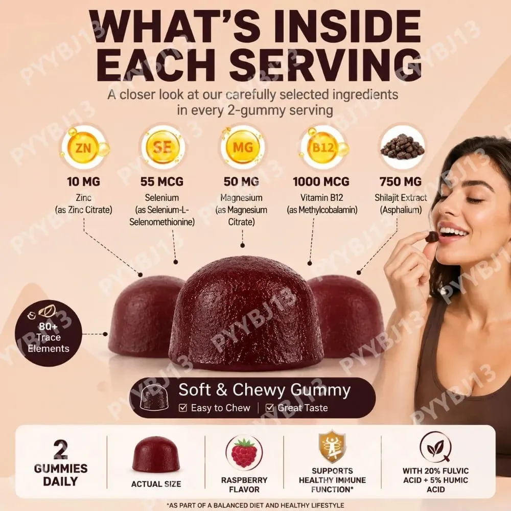 Shilajit Gummies 60 Gummies תוסף מינרלי הימלאיה עם חומצה חומית פולווית אבץ סלניום מגנזיום לאנרגיה חסינות — image 6