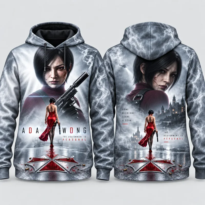 Y2K Ada Wong Full Print Hoodie Vintage Poster Aesthetic Loose Streetwear Pullover Casual Sweatshirt for Men Women Kids Unisex