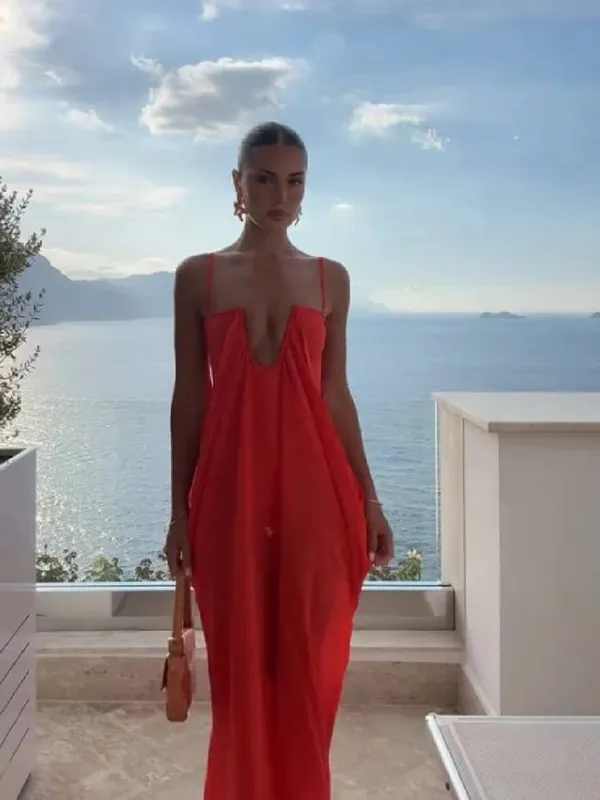 Ζωντανό γιορτινό Flowy Maxi Φόρεμα Deep U Chic Bohemian Chiffon Loose Fit Γυναικεία Φορέματα Παραλία Διακοπές για καλοκαιρινό πάρτι