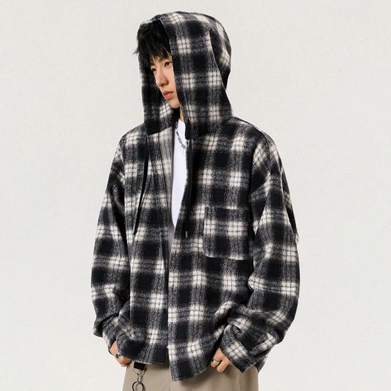 Y2K Loose Plaid Hooded Jacket Men Fashion High Street Large Sized Cardigan Outerwear Man Korean Vintage Single Breasted Hoodies — image 9