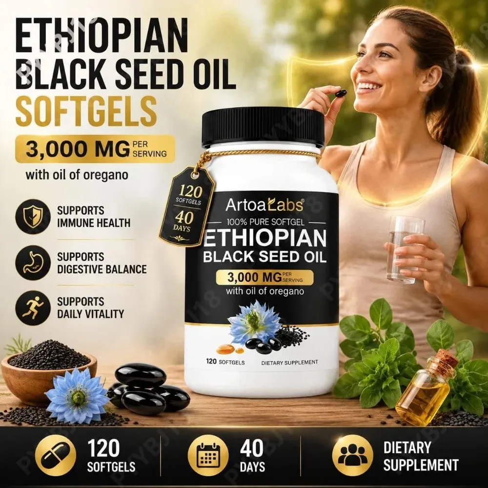 Etióp feketemag olaj 3000 mg lágyzselé oregánóolajjal támogatja az immunrendszer egészségét, az emésztés egyensúlyát és a napi vitalitást 120 Count — image 1