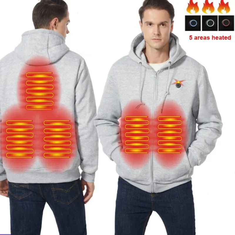 Hoodies de aquecimento usb masculino inverno elétrico aquecido hoodies jaquetas com zíper aquecido com capuz infravermelho 5 áreas de aquecimento jaqueta preto cinza — image 23