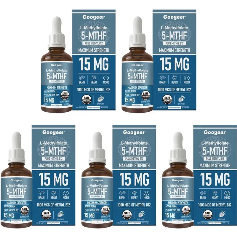 Googeer L-metilfolát 5-MTHF folyékony cseppek metil-B12-vel 15mg 1000mcg Maximális erősségű szív-agy hangulattámogatás 60ml — image 11