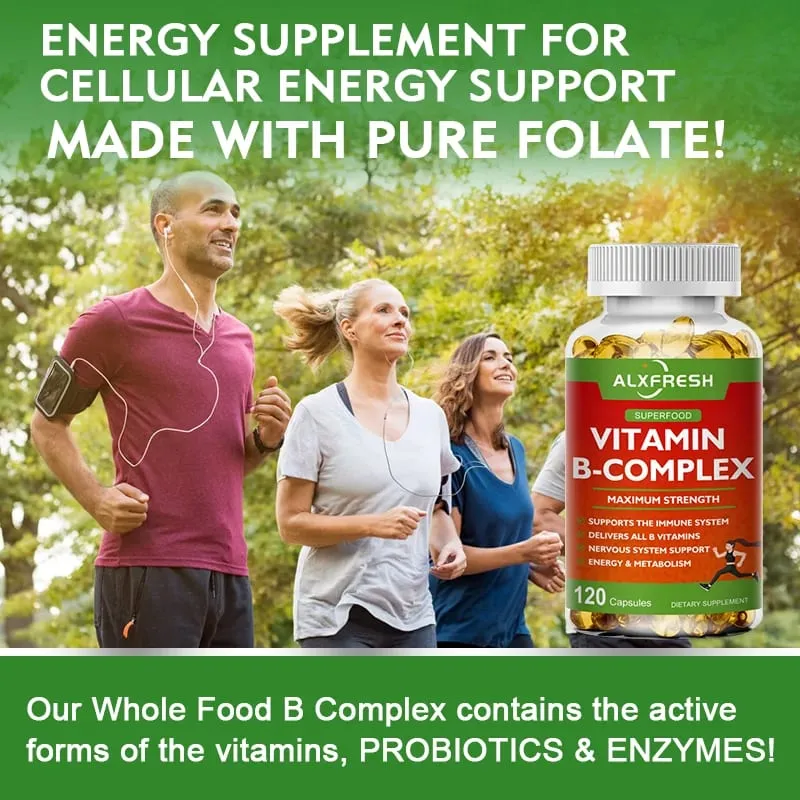 B-Complex Vitamin Supplements (B12 B1 B2 B3 B5 B6 B9 Folic Acid &Biotin) for Relieve Stress Mood Immune System Support Capsule