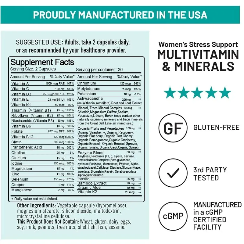 Organic Multivitamin nőknek – Teljes értékű táplálék B-komplex C D3- és K2-vitaminnal a stresszes immunitású hajbőrre és körmökre — image 5
